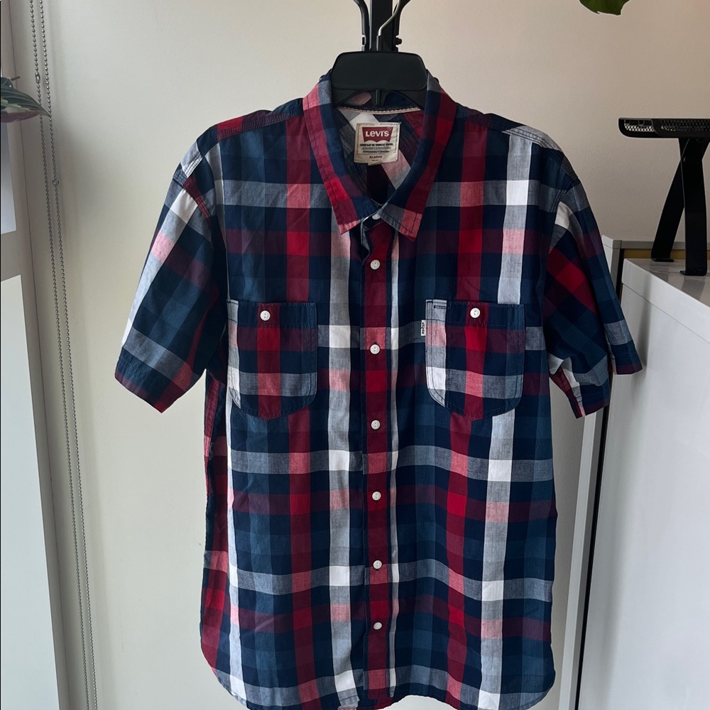 Levi's Men's Short Sleeve Plaid Button-Down Shirt - Navy Red White Size XL
